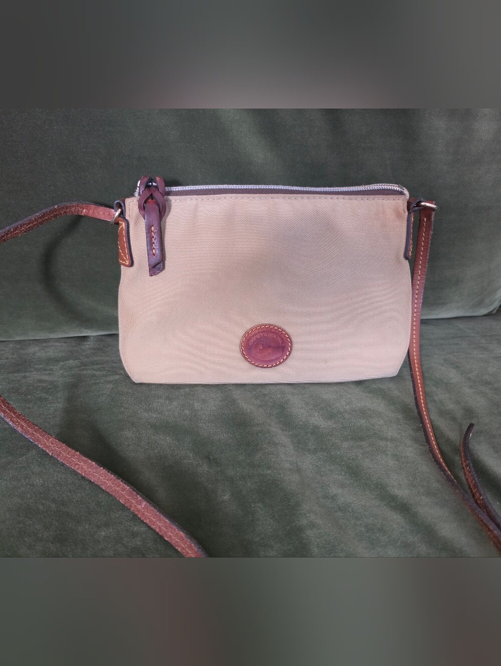 Dooney & Bourke Nylon Crossbody Pouchette Khaki Leather Trim Pink Lining